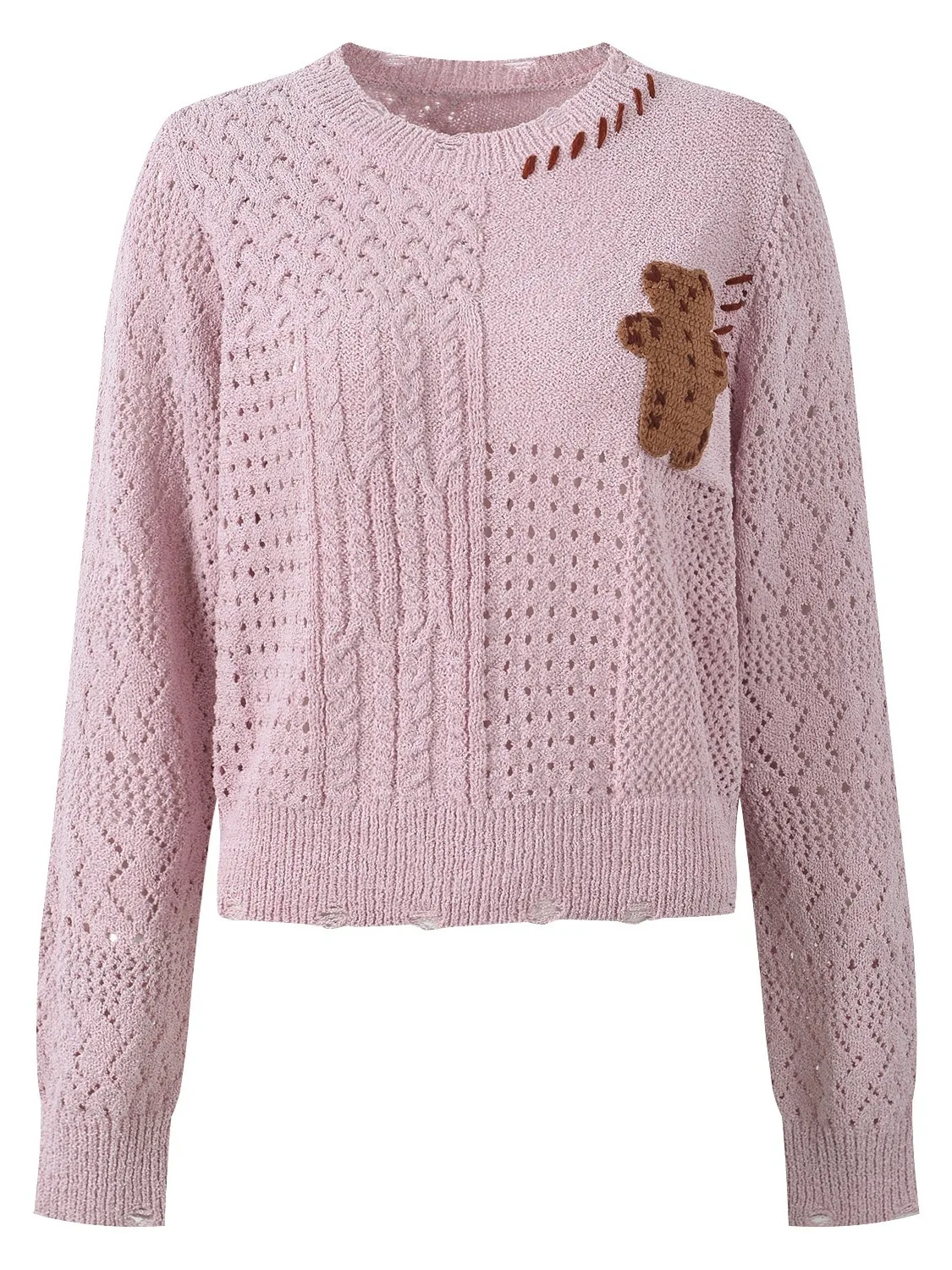 High-End European Style Autumn Winter Design Bear Cartoon Embroidery Hollow out Short round Neck Long Sleeve Knitted Top Women