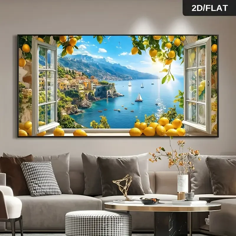 Frameless modern abstract seaside lemon tree decorative painting poster, lemon tree and sailboat, living room bedroom decoration
