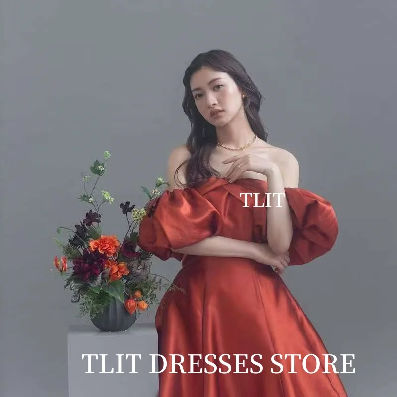 TLIT prosta czerwona satynowa suknia wieczorowa Korea suknia ślubna sesja zdjęciowa bez ramiączek bufiaste rękawy suknia wieczorowa dostosowana suknia do podłogi