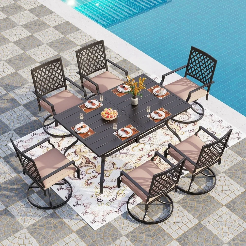 7-Piece Outdoor Dining Set, 6 Steel Metal Swivel Patio Chairs & 1 Rectangular Dining Table, 7PCS-60 Steel Table