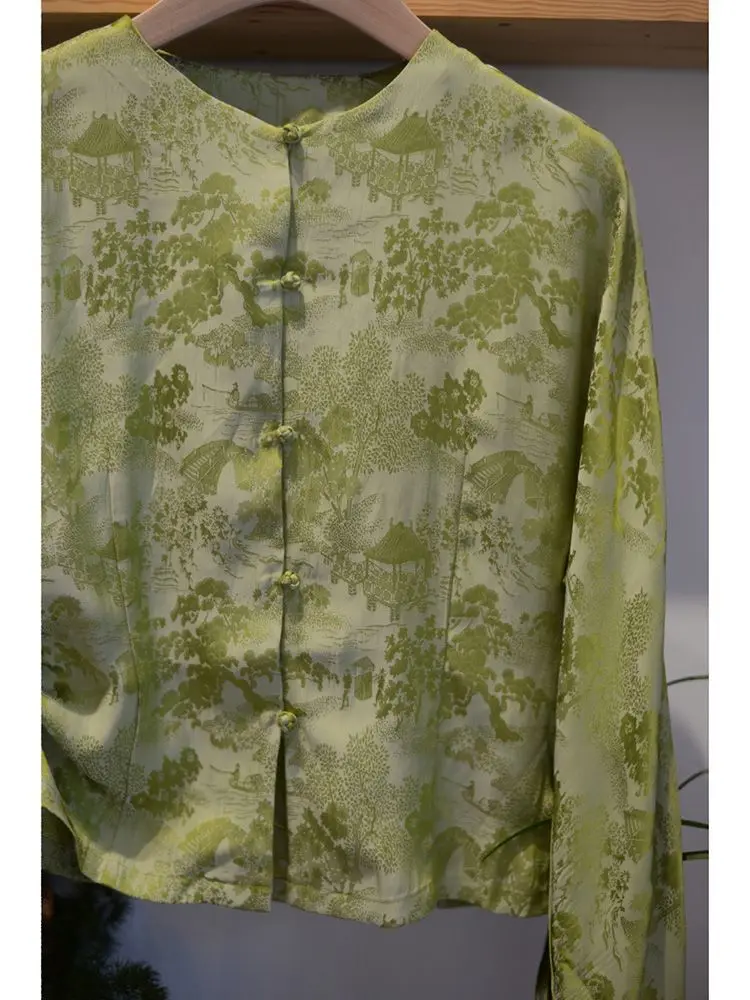 New Chinese Style Button Top Is Unique and Beautiful Small Shirt Heavy Industry Embroidered Printed Green ShirtYY95
