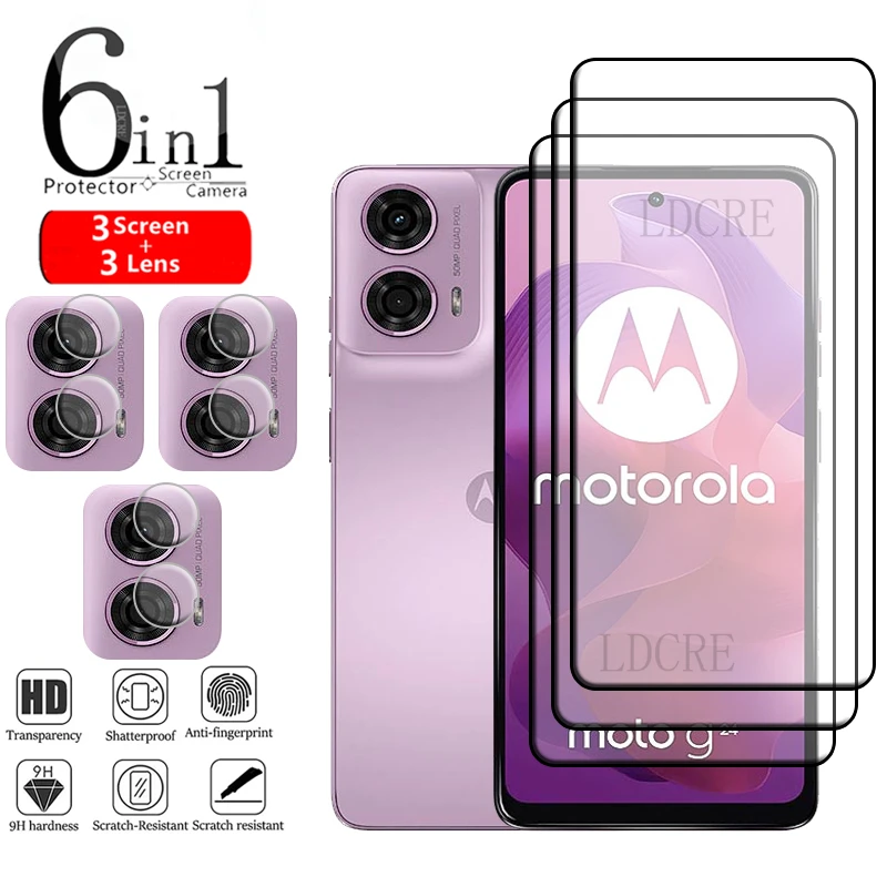 6-in-1 For Motorola Moto G24 Glass For Moto G24 G 24 Tempered Glass Film Full Gover 9H Screen Protector For Moto G24 Lens Glass