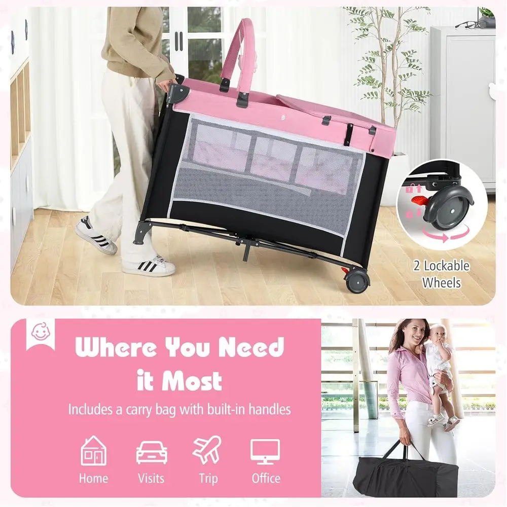 روضة أطفال 4 في 1 قابلة للطي مع سرير ومبدل حفاضات وألعاب للأطفال الصغار - وردي