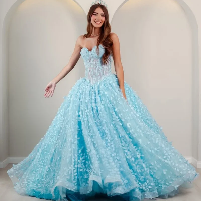 

Simple Blue Quinceanera Dress crystal glitter 3D flower Decal Long tail Lace Vestidos De 15 Quinceanera ﻿Customize