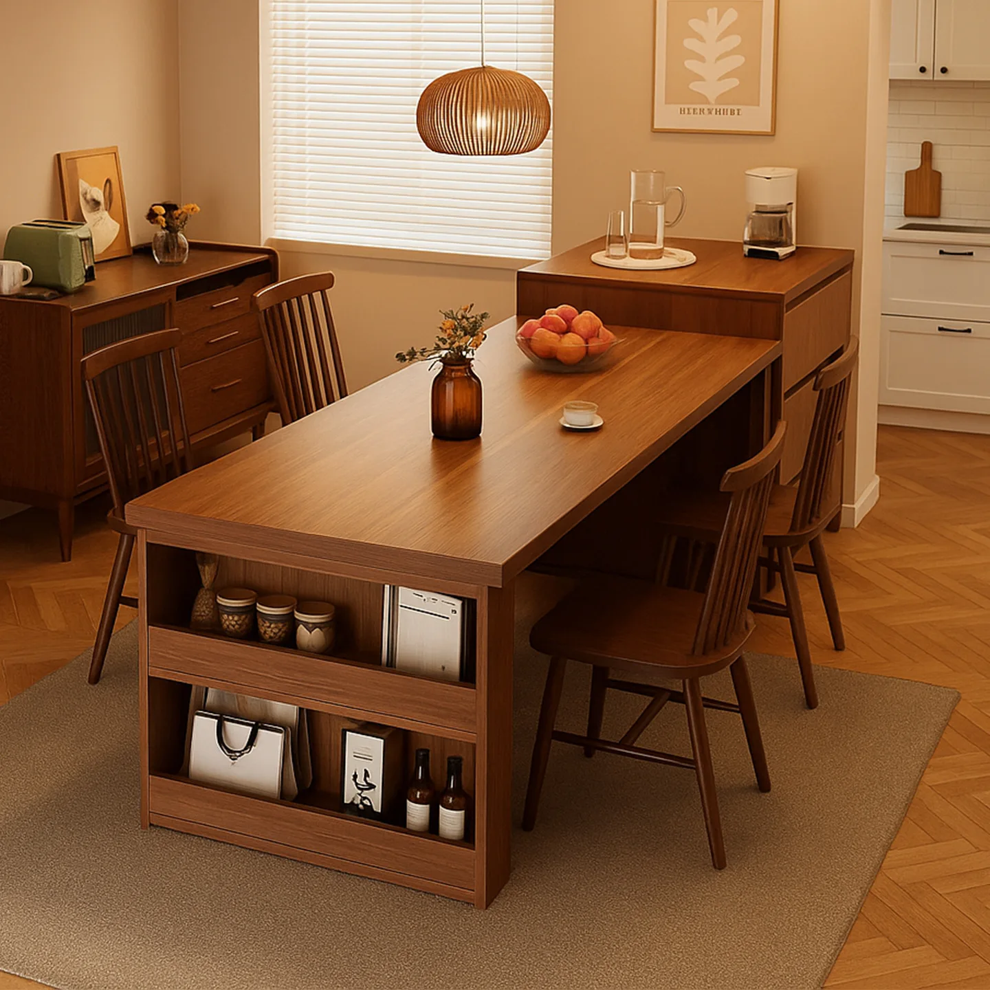 Island dining table log wind household small apartment dining table integrated retractable mobile with storage