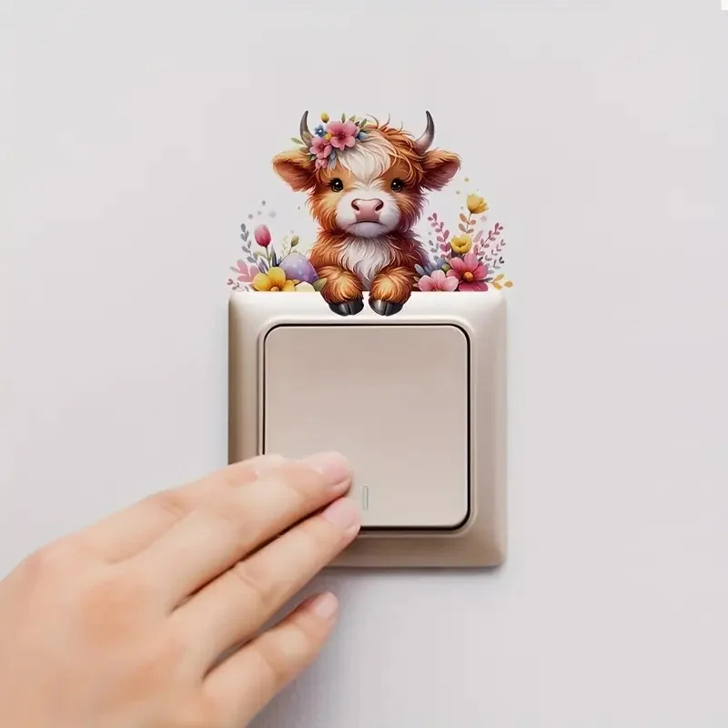 Highland Cow Flower and Switch Stickers Stickers Decoration for Living Room, Wall, Bedroom