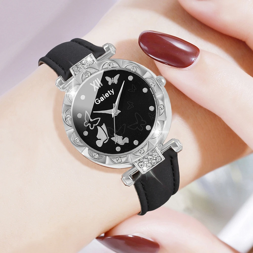 2PCS/Set Women Black Watch PU Polyurethane Strap Watch Circular Dial Quartz Wristwatch Bright Diamond Bracelet Set Gift For Her