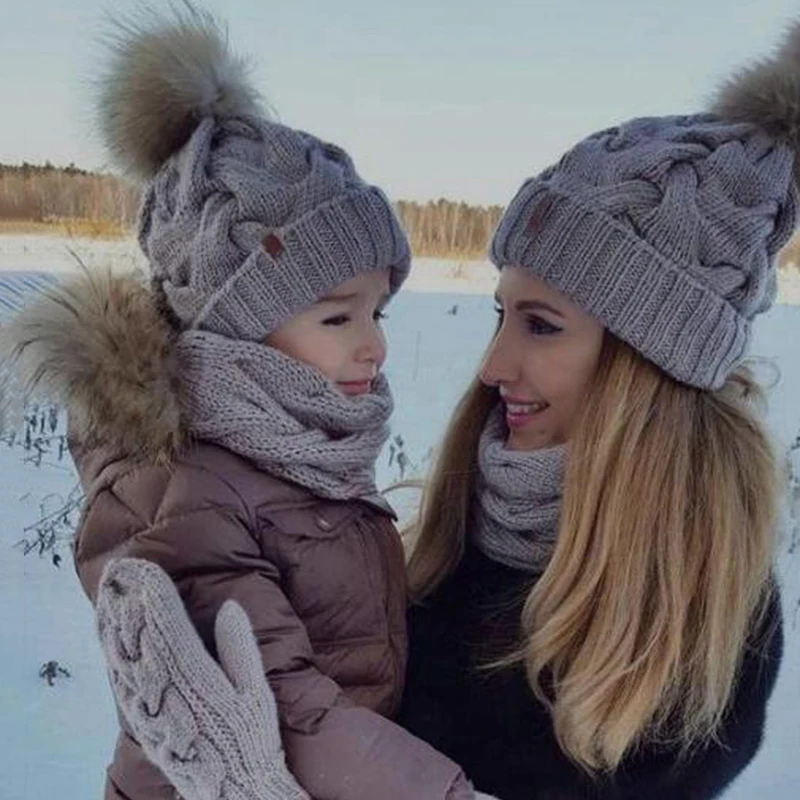 Women Girls Boys Pom Pom Hat Winter Warm Fur Pompom Hairball Knitted Beanies Hats Mom Kids Caps