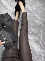 Fashion Y2k PU Leather Pants Winter Thicken Fleece-Lined High Waist Leggings Plus Size Elastic Small Leg Pencil Trousers Women