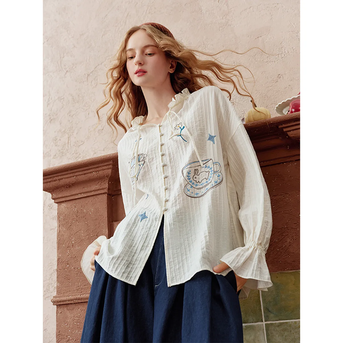 

Sweet Bunny Tea Party Embroidered Oversized Long Sleeve Blouse