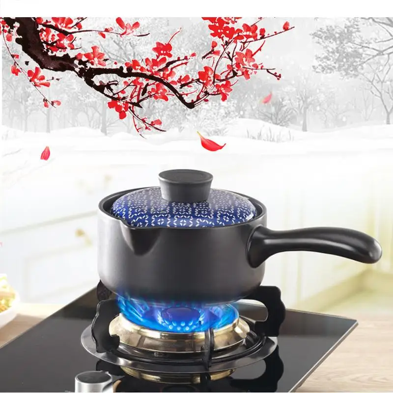 Japanese Style Casserole Ceramic Milk Pan Baby Pot Porridge Stew Food Stockpot 1.5L with Handle Cover Blue