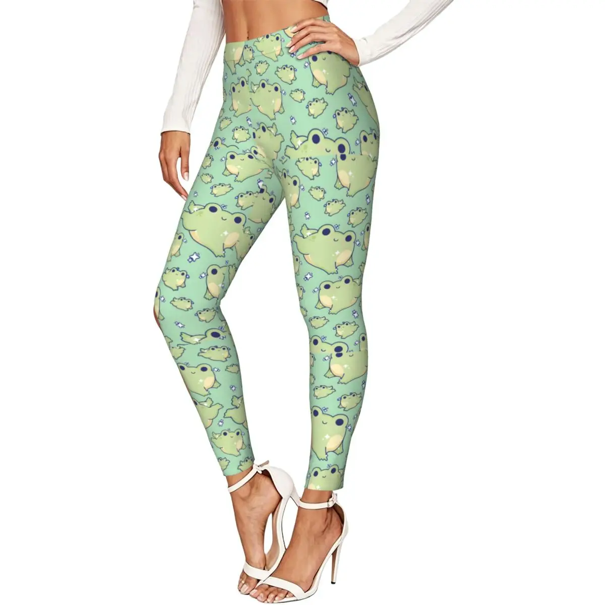 Women High Waist Elastic Leggings Cute Frog Print Slim Fit Stretchy Pants Casual Wear