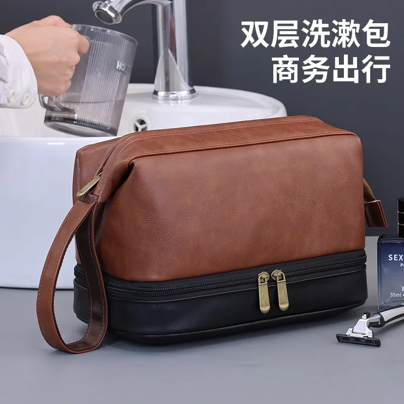 Cross border new retro luxury double-layer men's grooming bag, portable outdoor large capacity portable cosmetic storage bag