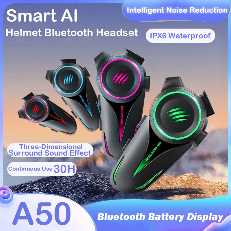 

A50Motorcycle Helmet Bluetooth Headset 30H Long Battery Life Waterproof and Colorful Light Bt5.3 Noise Reduction One Support Two