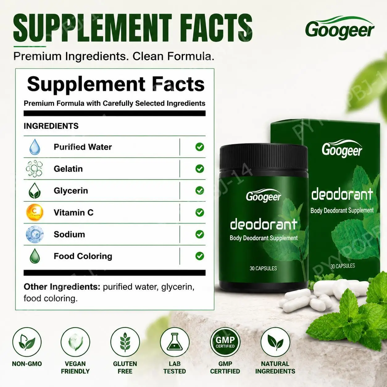 Googeer Body Deodorant Capsules with Vitamin C and Sodium for Long-lasting Deodorizing, All-weather Protection 30 Capsules