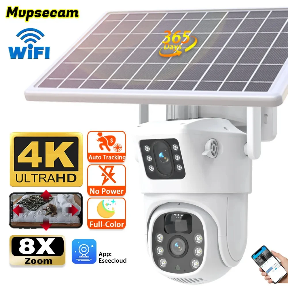 

4K 8MP WiFi Solar Camera Dual Lens Dual Screens PTZ Video Cameras Security Protection PIR Human Detection CCTV Surveillance Cam