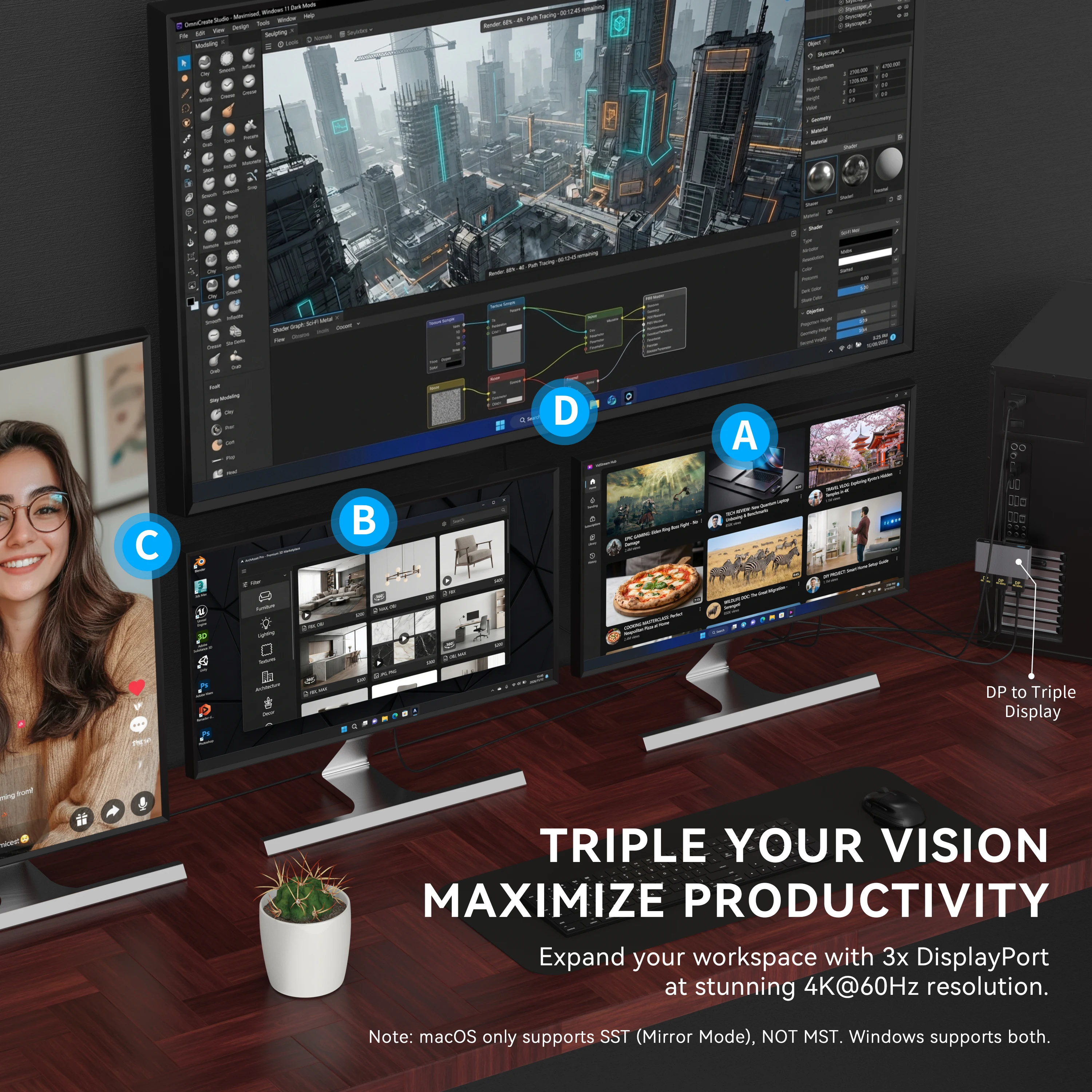 DP to Triple DP Adapter | DisplayPort to 3 DisplayPort Splitter 4K 60Hz | USB-C 5V2A Power Input | Multi Monitor MST Hub