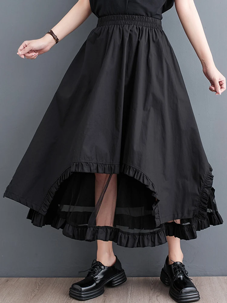 Mesh Patchwork Black Vintage High Waist Skirt Women New Irregular Plus Size Fashion Loose Casual Midi Skirts Clothes Summer 2024