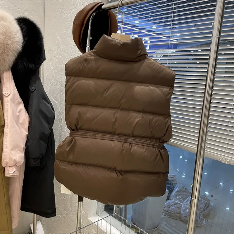 Korean Chic Bow Lace-up Slim Waist Sweet Down Vest Stand Collar Sleeveless Loose Casual Parkas Waistcoat Winter Warm Gilet