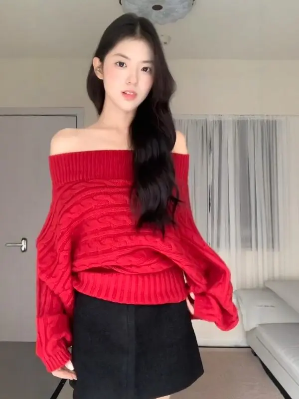 

Stunning Red Knitted One-oulder Sweater Women's Autumn Winter New Sle Soft Cozy oulder Bared Knitwear Korean Sle Long...