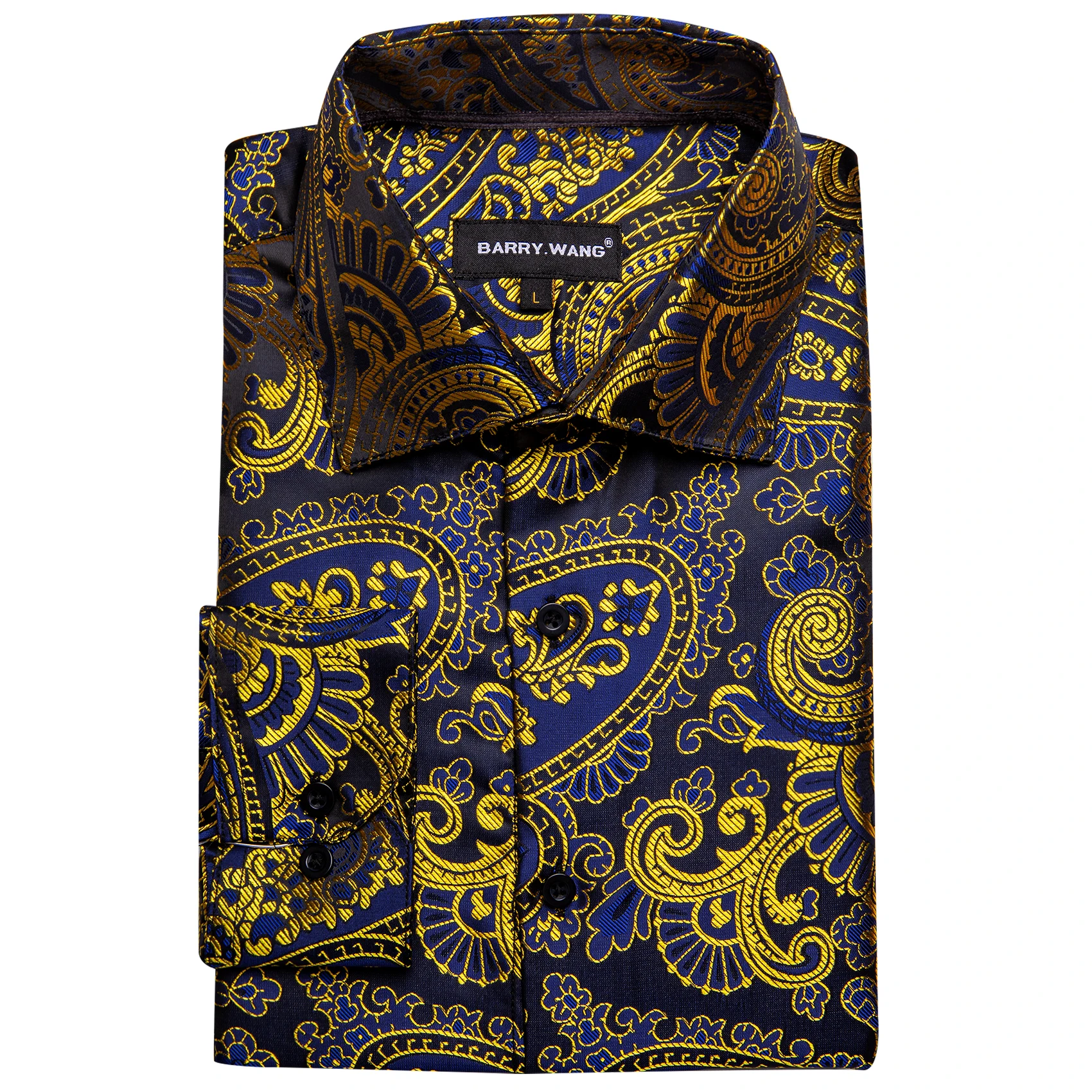 Barry.Wang Luxury Silk Mens Shirts Jacquard Paisley Long Sleeve Formal Casual 26 Colours Male Blouses Wedding Business Prom Gift