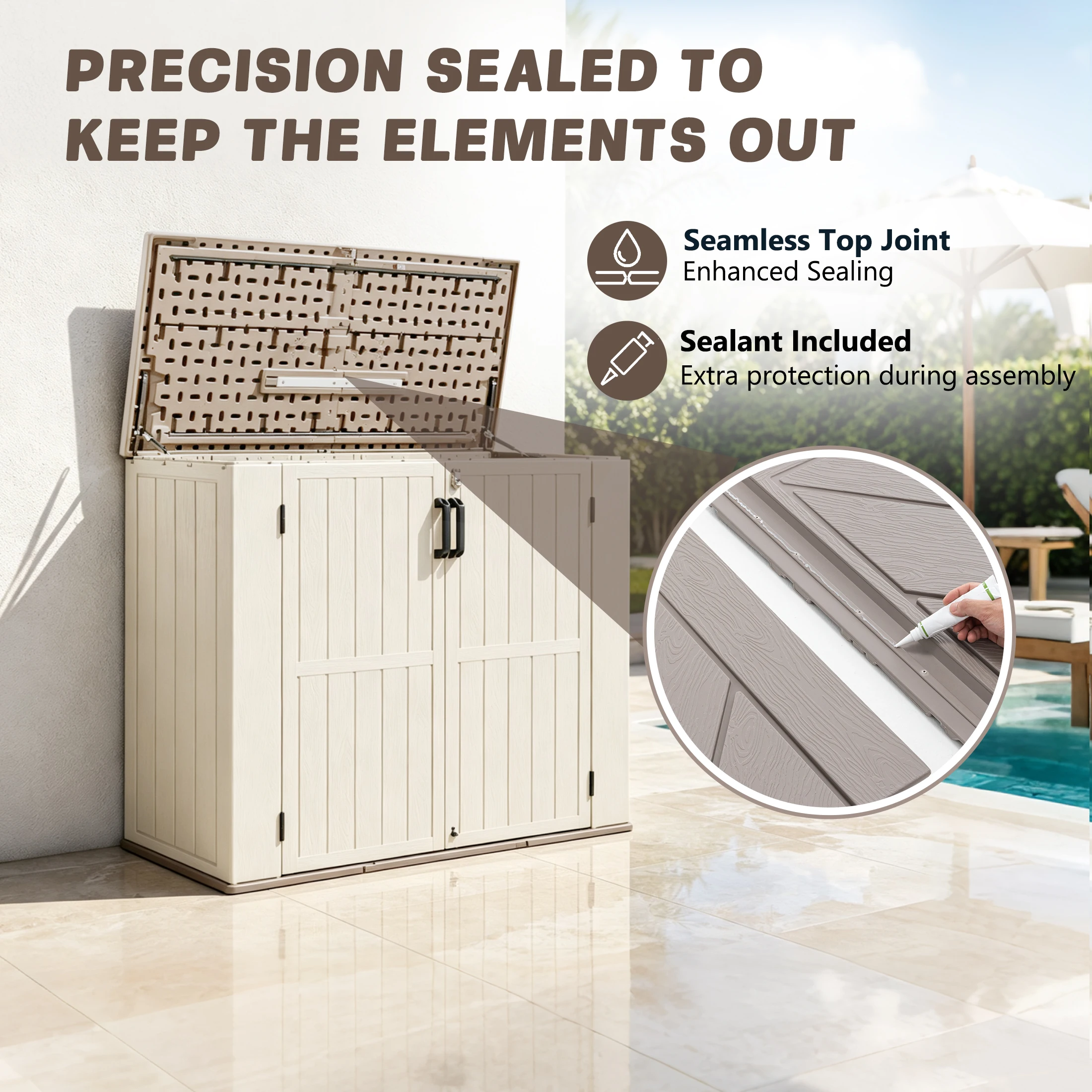 Outdoor Storage Cabinet, 41 Cu.Ft Lockable Resin Shed, Waterproof Patio Box Horizontal Resin Storage Shed with Double Doors, Adjustable Shelf, Weatherproof for Backyard Garden Pool Patio, Gray