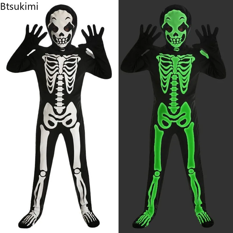 Kids Halloween Skeleton Costume Glow in The Dark Bone Jumpsuit Mask Party Dress Up Scary Outfit for Cosplay Performance Carnival