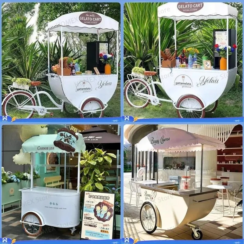 Hand Push Ice Cream Cart Mobile Display Refrigerator for Snacks Juice Food Beach Vendor Freezer Trolley with Wheels Outdoor