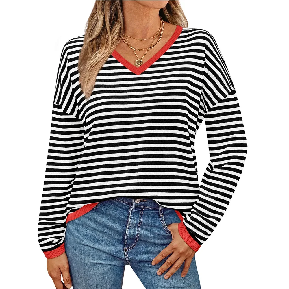 Sweater Women 2024 Autumn New V-neck Striped Contrasting Long Sleeved Casual Sweater Pullover Tops Goth M