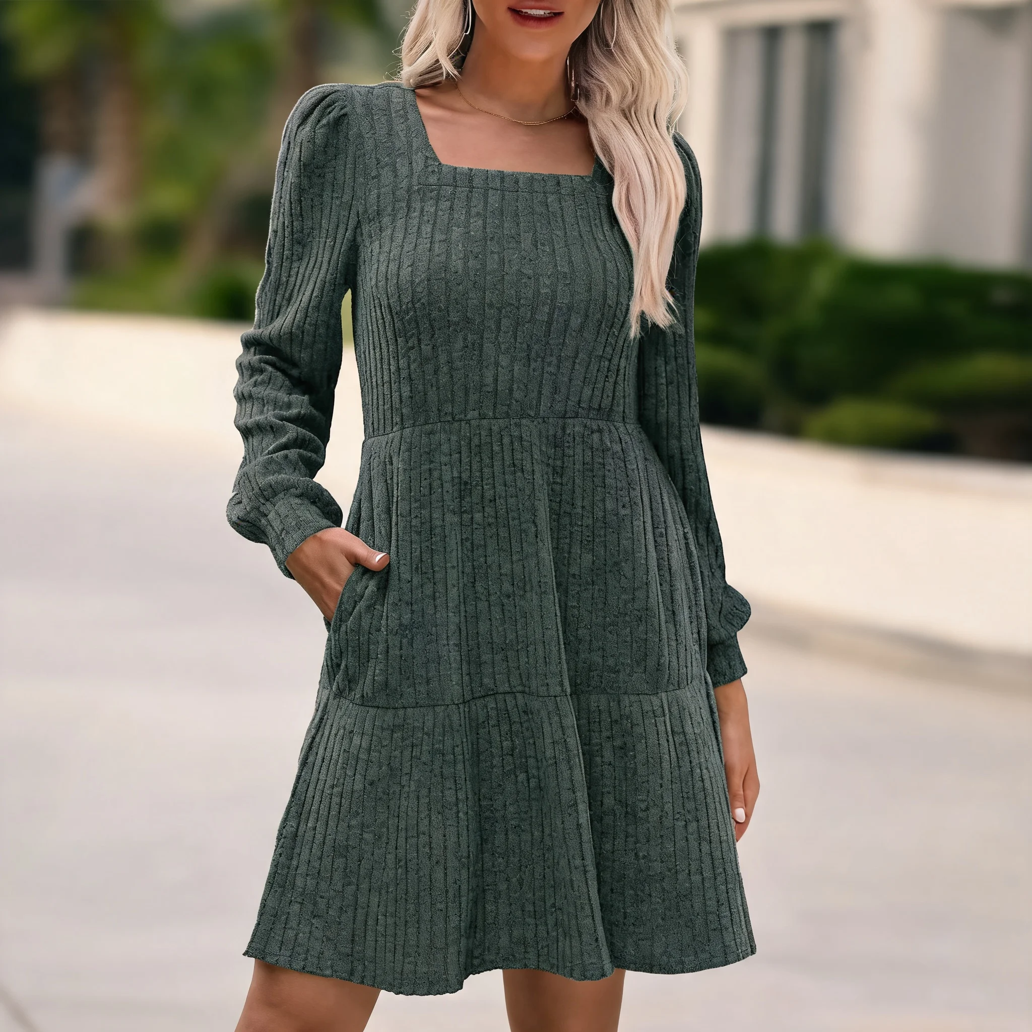 Long Sleeve Square Neck Dress Mid Waist Refined Commuter with Regular Sleeve Elegant and Refined Travel Midi Length Women Dress