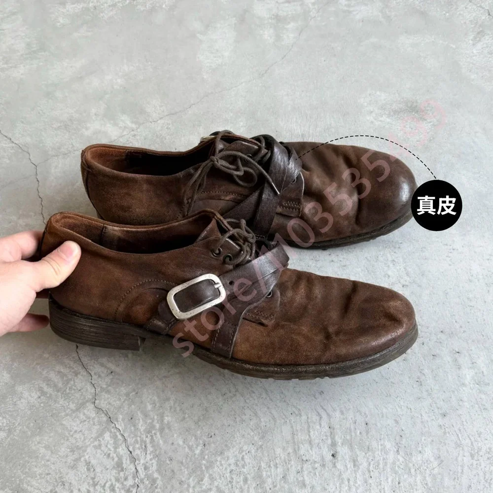 2026 Retro Distressed Brown Leather Oxford Shoes Men Metal Buckle Lace Up Low Heel Retro Casual Handmade Daily Dress Footwear view 5