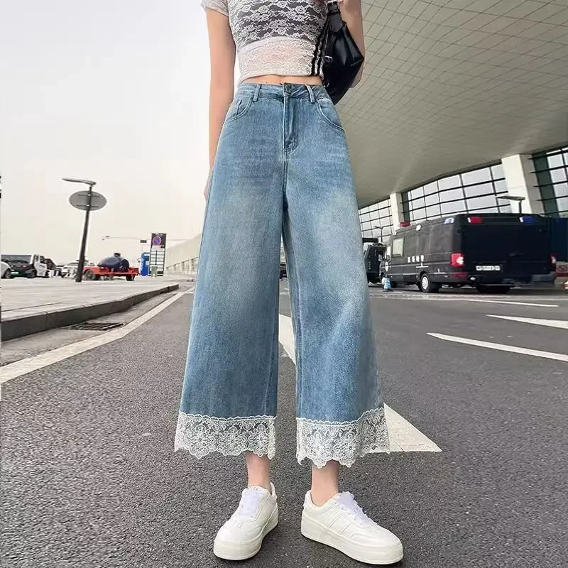 Lace Wide-leg Ultra-thin Jeans for Women Summer High-waisted New Style Nine-point Loose Slimming Straight Pants for Small People