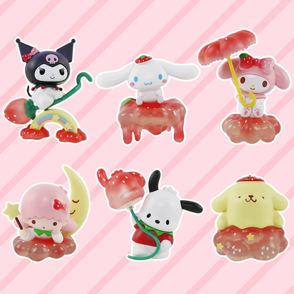 

6Pcs/Set Sanrio Strawberry Series Cute Kuromi Cinnamoroll My Melody Anime Figures Toys Collection Model Doll For Christmas Gift