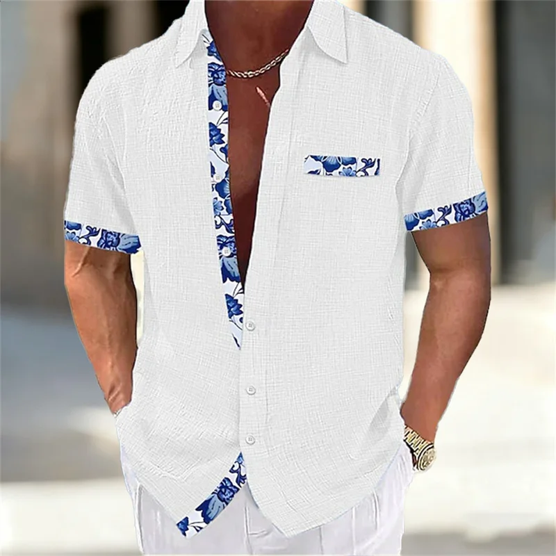 قميص رجالي بأكمام قصيرة من البورسلين باللونين الأزرق والأبيض، قميص كاجوال فضفاض من القطن والكتان قابل للتنفس، مقاسات XS-6XL #3