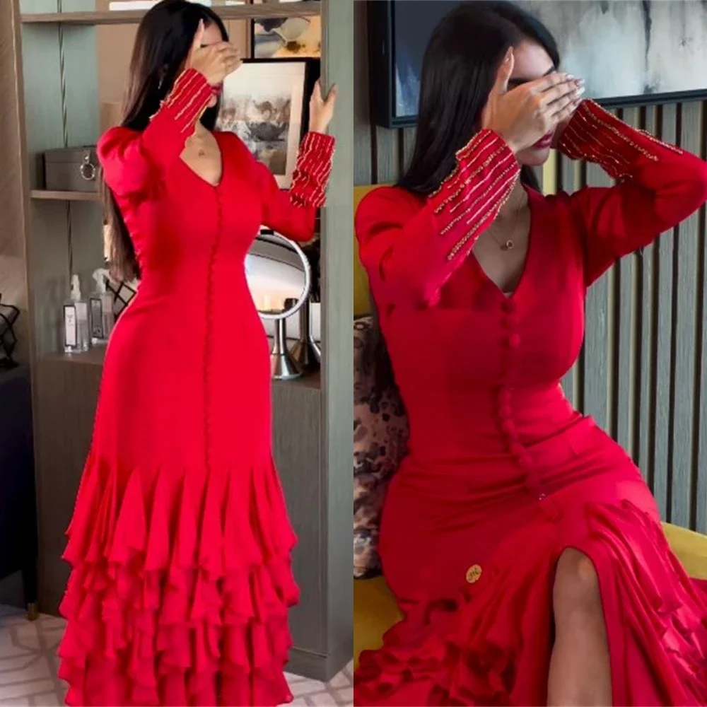 Customized Jiayigong Fashion V Neck Mermaid Party Dress Ankle Length Ruched Long Button Slit Formal Evening Gowns שמלות נשף