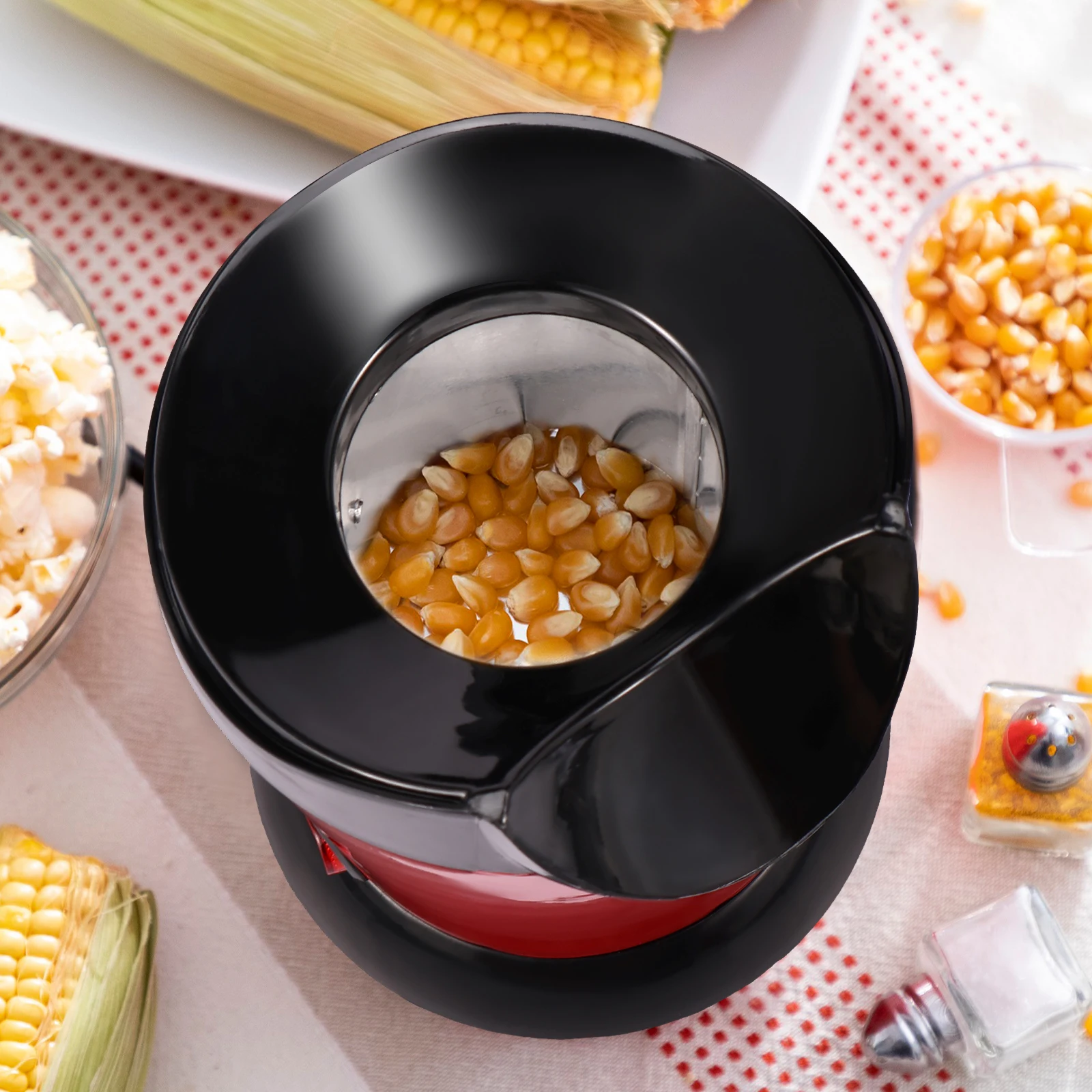 Macchina per Popcorn elettrica da 1200W con coperchio superiore del misurino Mini macchina per Popcorn senza olio ad aria calda per uso domestico