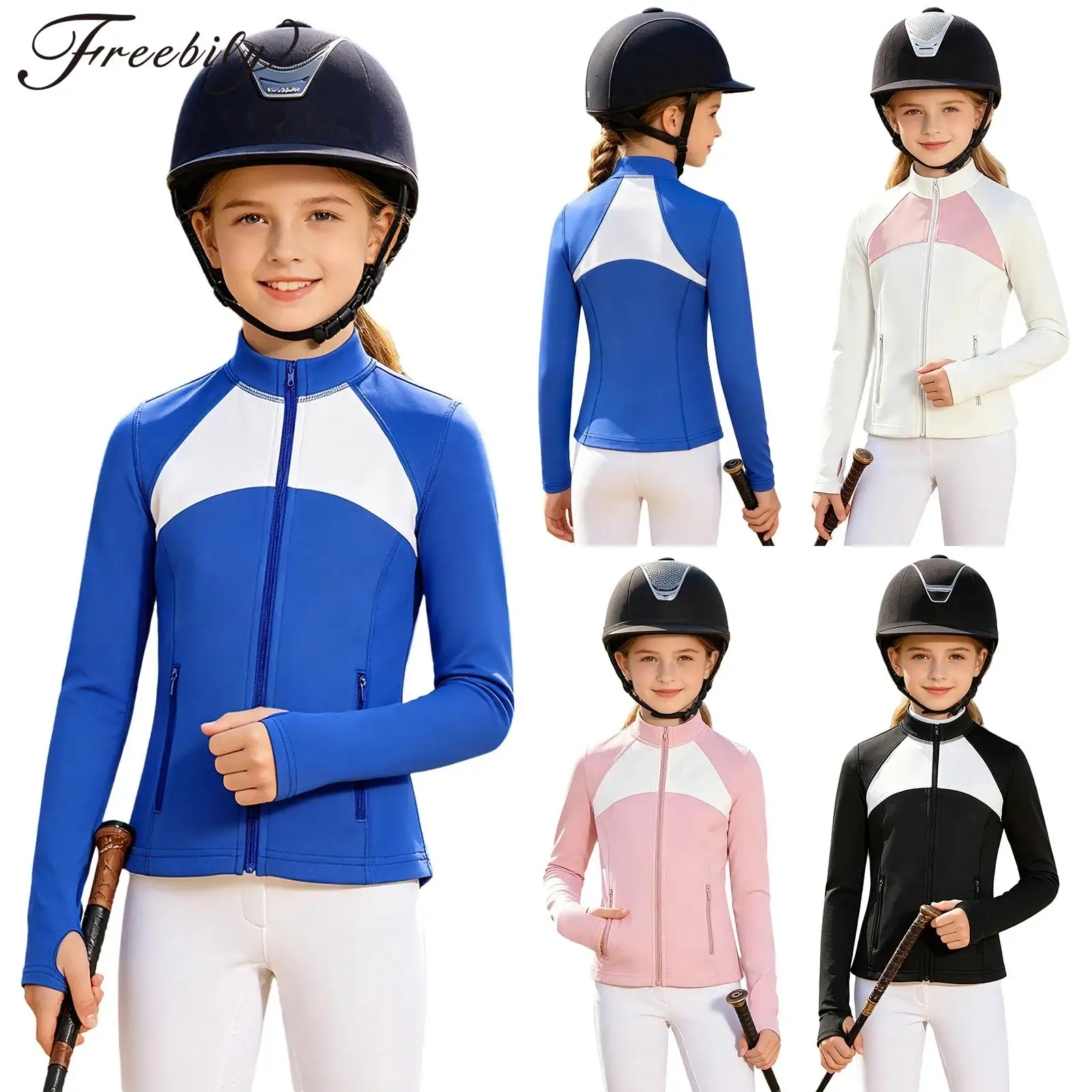 

Kids Girls Equestrian Sweatshirt Color Block Horse Riding Jacket Long Sleeves Quick Dry Thumbholes Zipper Athletic Outerwear