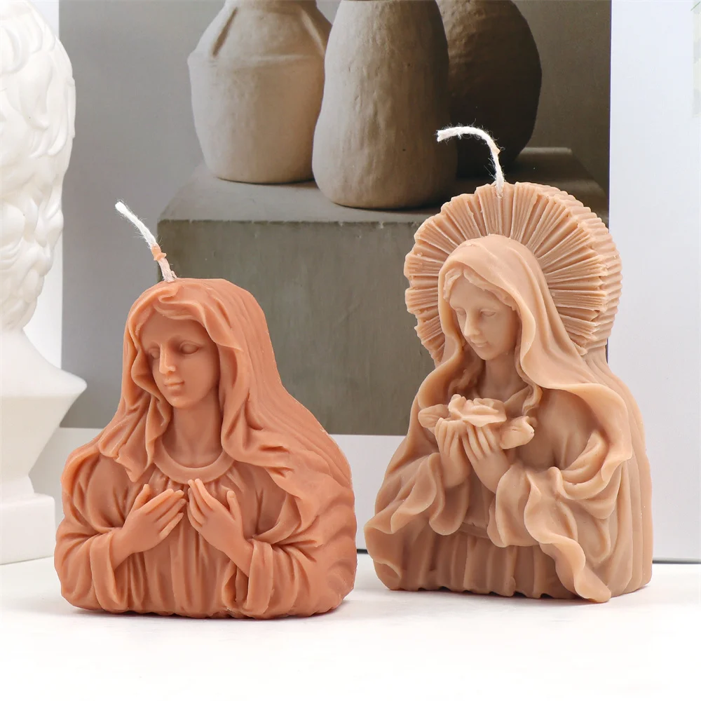 

3D Glowing Virgin Mary Silicone Candle Mold DIY Half Body Praying Virgin Mary Flower Carrying Candles Gypsum Soap Home Decor