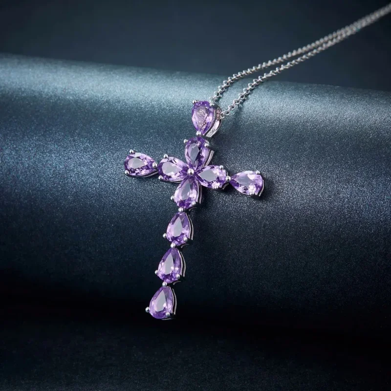 Real Solid 925 Sterling Silver Cross Pendant for Men and Women Simple Design Amethyst Pendants Jesus Christ Jewelry Bohemia