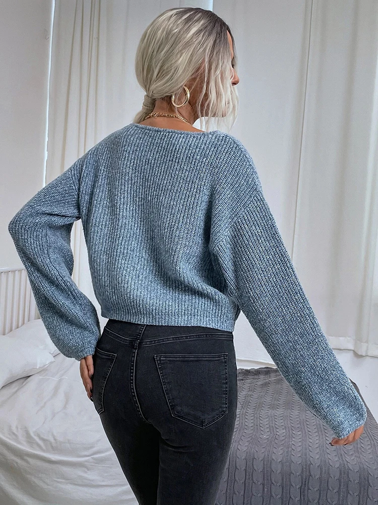 Damski sweter z dzianiny, monochromatyczny, z okrągłym dekoltem, bluzka z długim rękawem, uniwersalny, prosty i elegancki, modny.