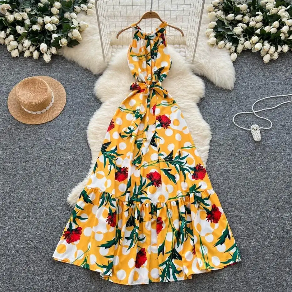 Boho-Damen-Sommerkleid mit Neckholder, Blumendruck, Bandage, Maxi-langes Kleid, lässig, Rüschen, Vestidos, schick, 2025, elegantes Strand-Urlaubskleid