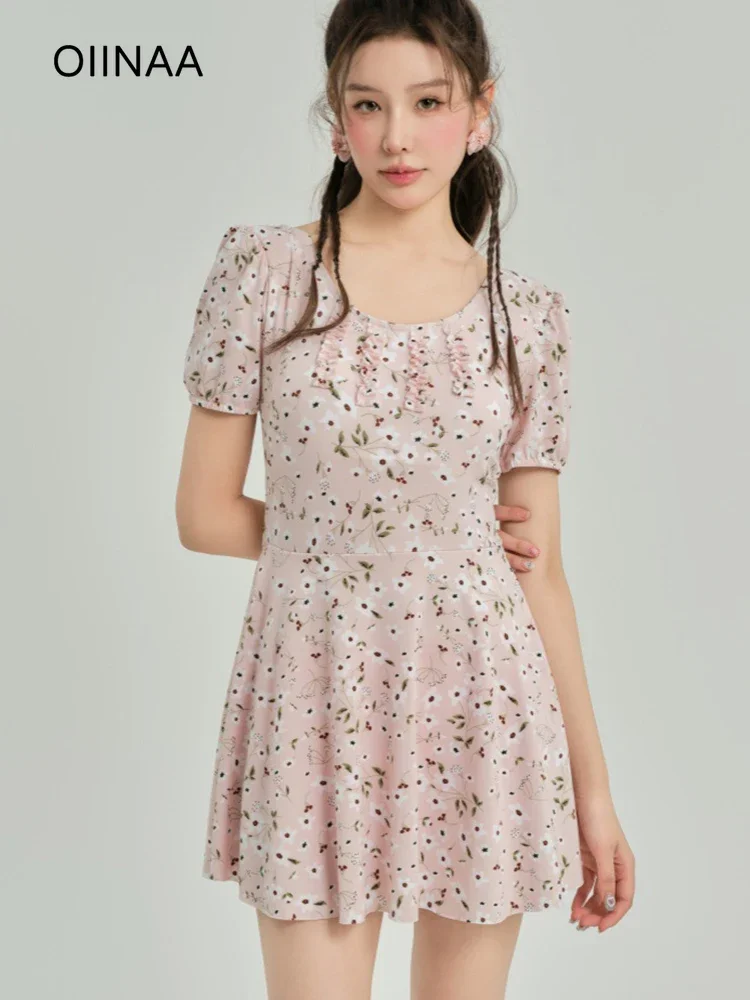 

OIINAA Swimwear Women Print Hot Spring Swimwear O-Neck Short Sleeve Beach Dress Summer 2025 New Fashion Bathing Suit