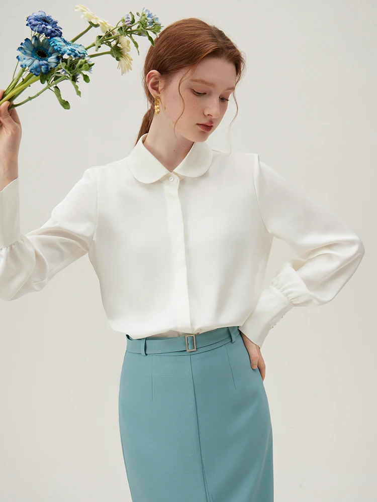 FSLE Versatile Age-reducing White Peter-pan Collar Shirt for Women Long-sleeved Temperament Chiffon Top Shirts Female 24FS11104