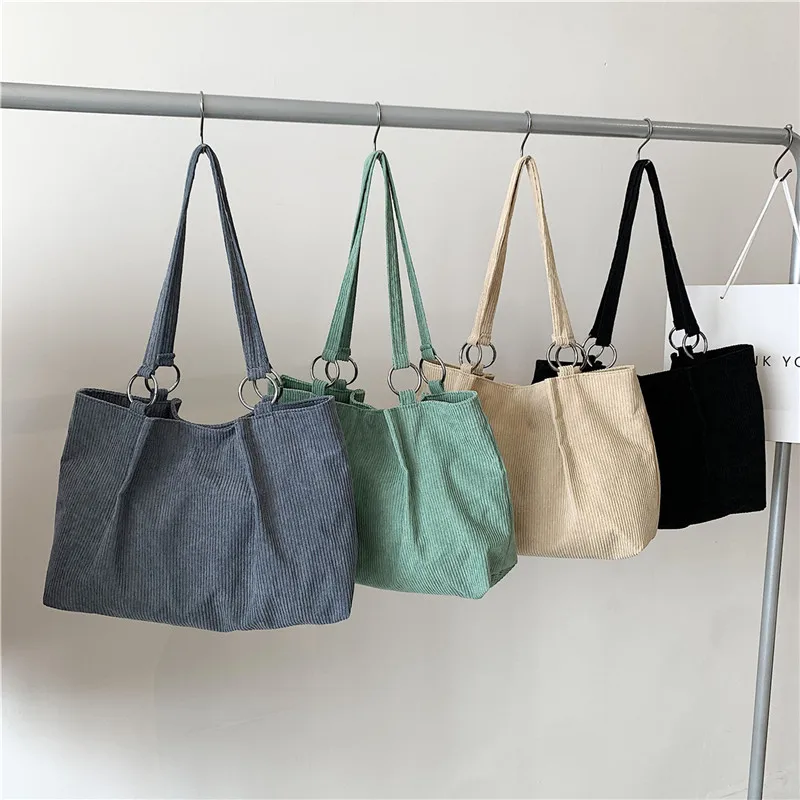 Corduroy Totes Bags for Women Shopper Girls Handbags Zipper Eco Environmental Thickened Large Capacity Winter Shoulder Bags