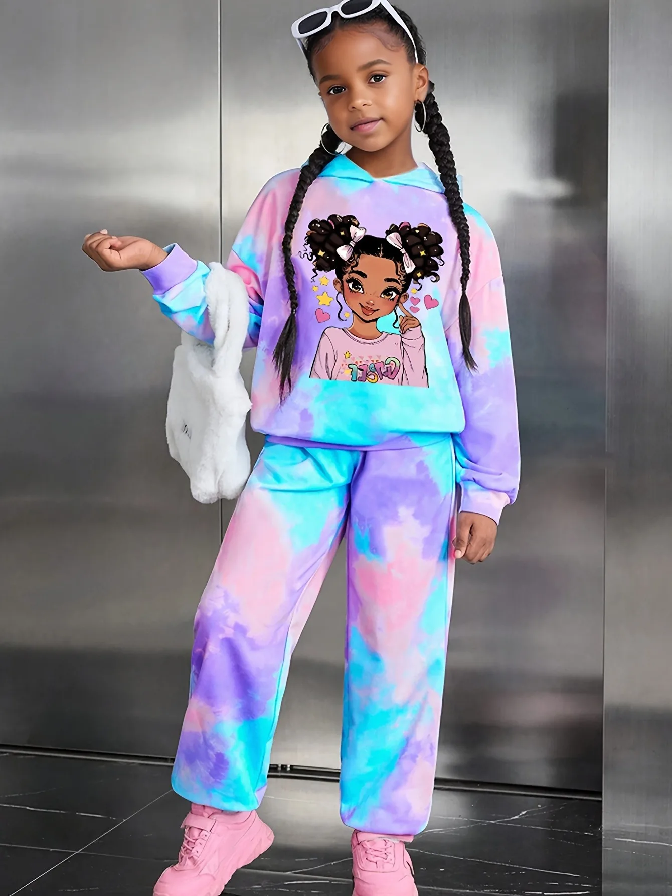 Pastel Tie-dye Girls 2 Piece Pants Set Cartoon Hoodie & Sweatpants Trendy Kids Casual Outfit