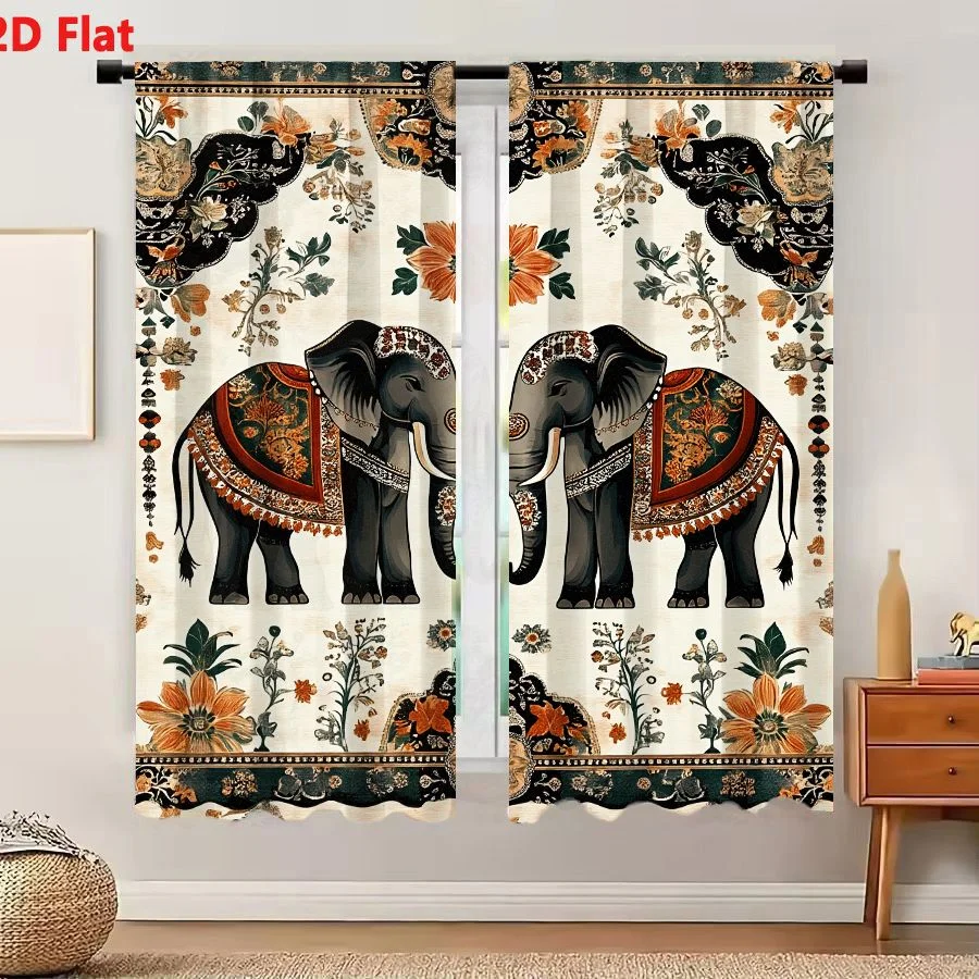 2Pcs Curtains 2D Flat Symmetrical Ornate Elephants With Intertwined Trunks In Traditional Indian Style Featuring Floral Patterns