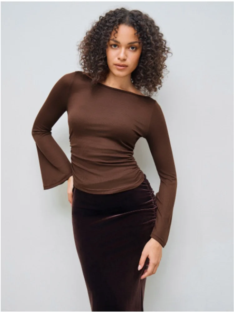

Pleate Casual Flared Long Sleeves Solid Color Round Neck Women's T-shirt Daily Elegant Commuting Style Autumn Top