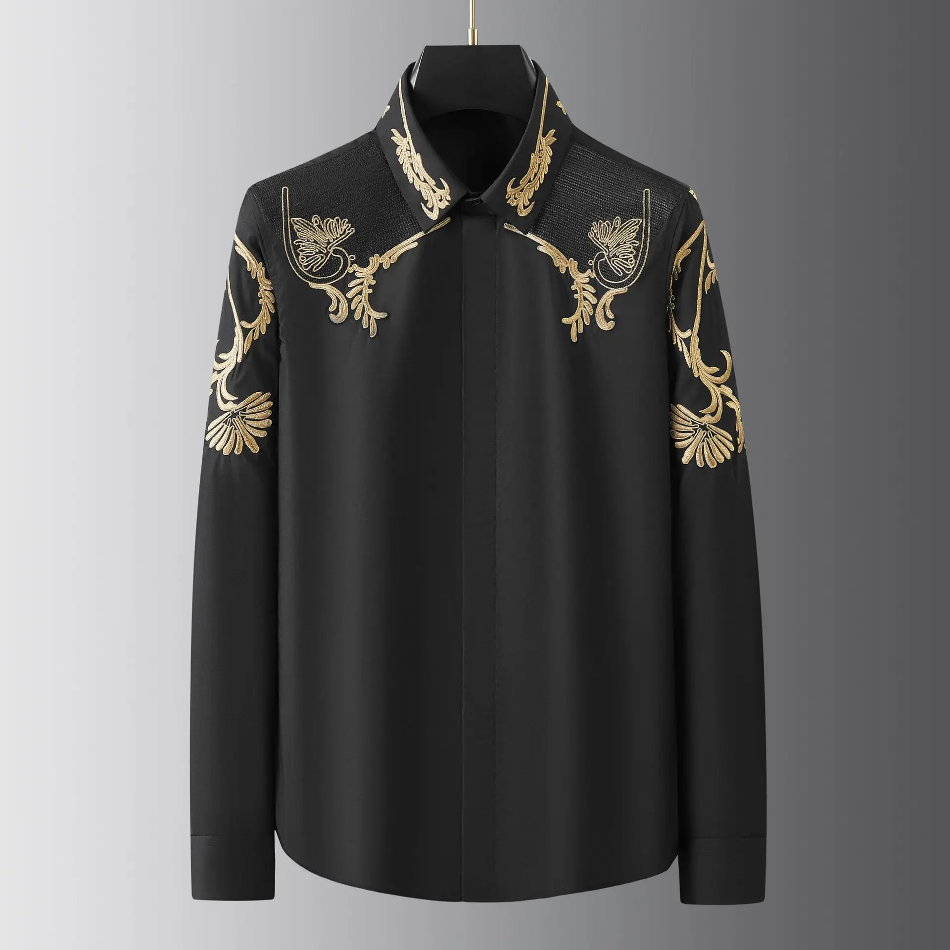 Autumn high-end craft embroidered wheat ear flower men's long sleeved shirt European and American style versatile shirt