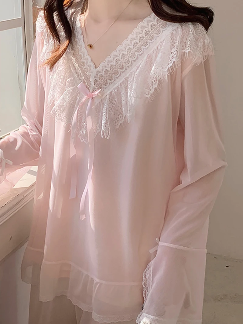 Korean Lolita Lace Mesh Pajamas Loungewear Women Long Sleeve Vintage Princess Retro Sexy Two Piece Suit Sexy Victorian Sleepwear