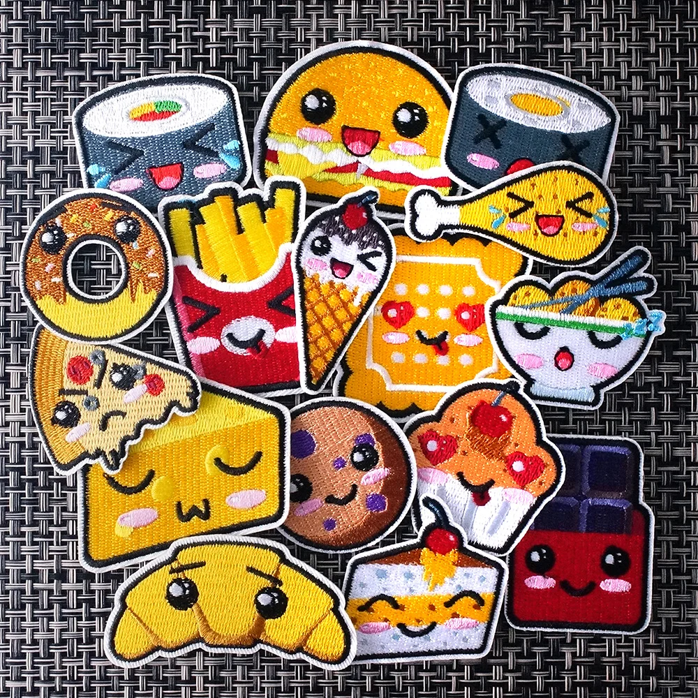 

16Pcs/Lot Hamburg Noodles Bread Sushi Iron on Patches Cloth Embroidered Applique Sewing Clothes Apparel Accessories Mend Patch